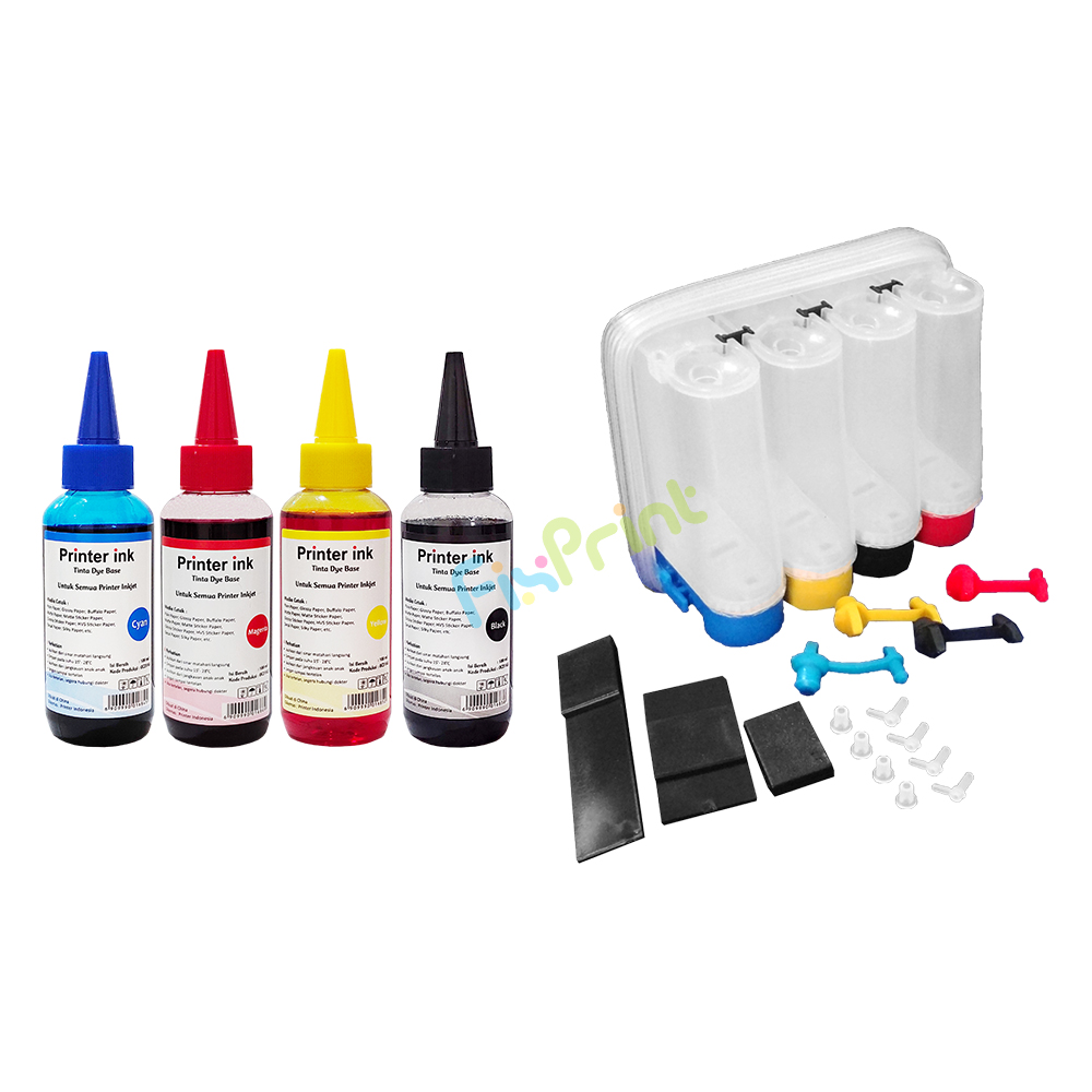 BUNDLING Tinta Refill Printer Ink CMYK 100ml Can HPC Epsn Bro Tinta Dye Base Tutup Model Kerucut + Tabung 60ml