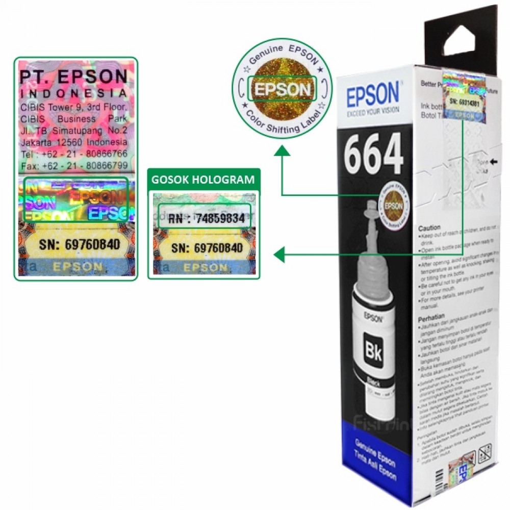 Tinta Refill Epson Original 664 T6641 Black 70ml Printer L110 L120 L210 L220 L300 L310 L350 8182