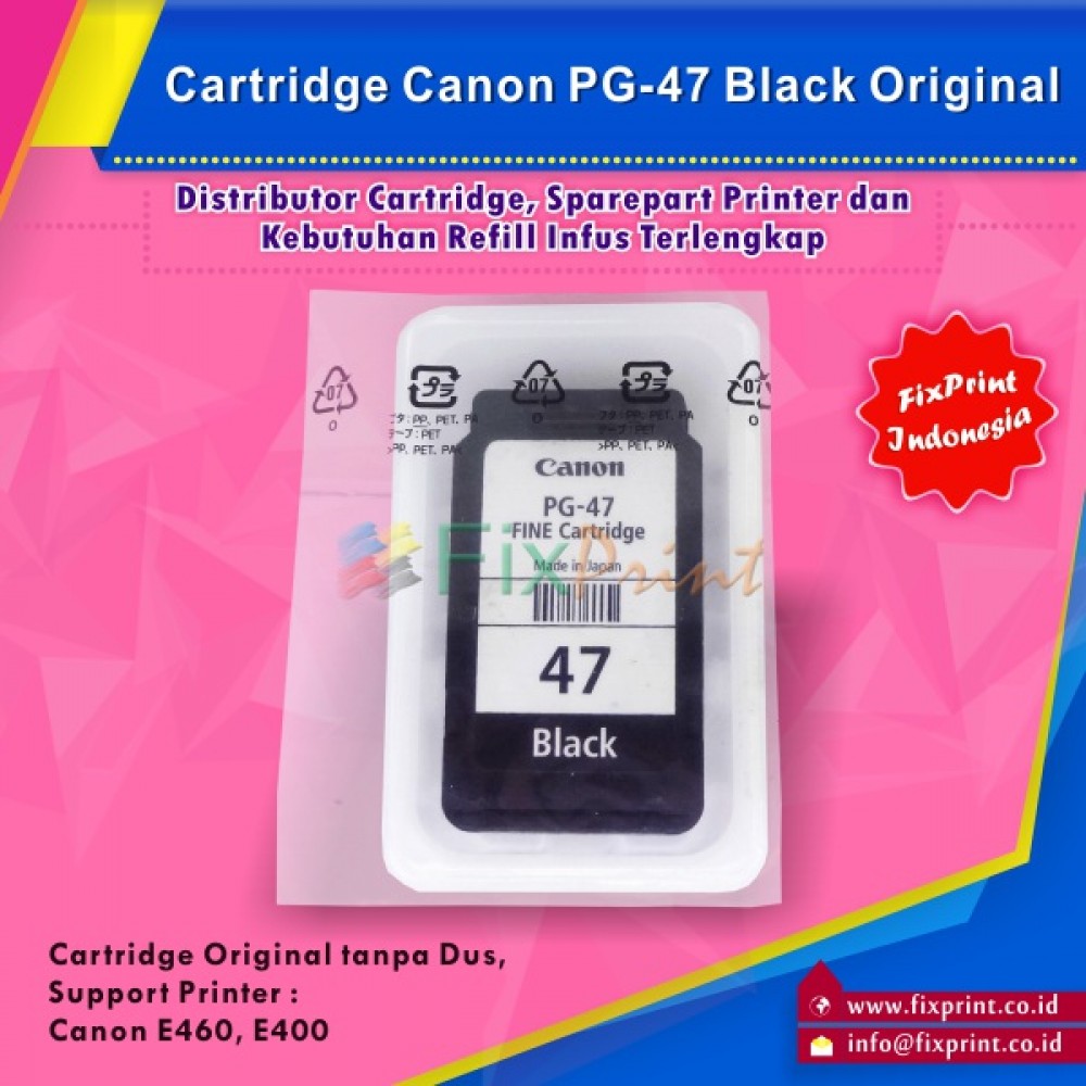 Cartridge Loose Pack Canon Original PG-47 PG47 Black Tanpa Box, Tinta Printer Canon E3170 E3177 E4270 E400 E410 E417 E460 E470 E477 E480 Loose Pack