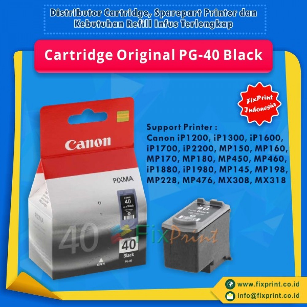 Cartridge Original Canon PG-40 PG40 40 Black, Tinta Printer Canon iP1200 iP1300 iP1600 iP1700 iP2200 MP150 MP160 MP170 MP180 MP450 MP460 iP1880 iP1980 MP145 MP198 MP228 MP476 MX308 MX318