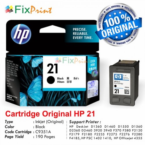 Jual Cartridge Original HP 21 Black C9351AA Tinta Printer 