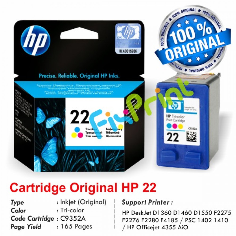 Cartridge Original HP 22 Color C9352AA, Tinta Printer HP DeskJet D1360 D1460 D1550 D1560 D2360 D2460 3920 3940 F370 F380 F2120 F2179 F2180 F2235 F2275 F2276 F2280 F4185 AiO HP PSC 1402 1410 AiO HP Officejet 4355 5610 J3606 J3608 J5508 AiO