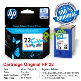 Jual Cartridge Original HP 22 Color C9352AA Tinta Printer 