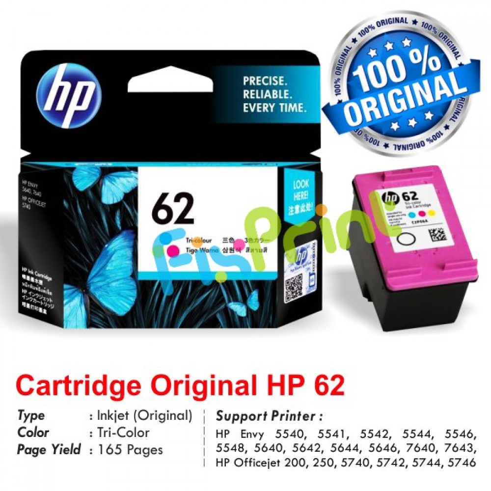 Cartridge Original HP 62 Color C2P06AA, Tinta Printer HP Envy 5540 5541 5542 5544 5546 5548 5640 5642 5644 5646 7640 7643 - HP Officejet 200 250 Mobile 5740 5742 5744 5746 e-All-in-One