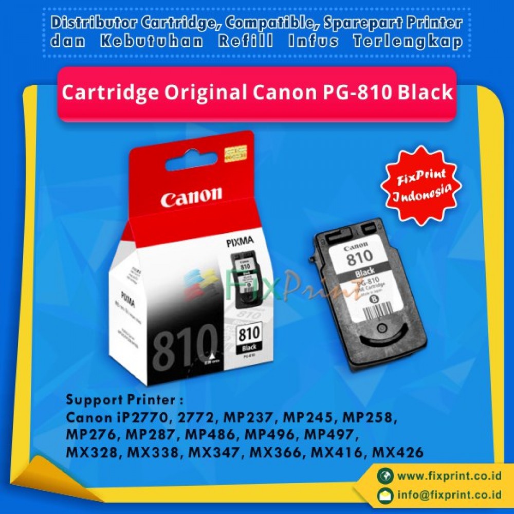 Cartridge Tinta Original Canon PG810 PG-810 PG 810 Black, Printer iP2770 iP2772 MP237 MP245 MP258 MP268 MP276 MP287 MP486 MP496 MP497 MX328 MX338 MX347 MX357 MX366 MX416 MX426 Ori