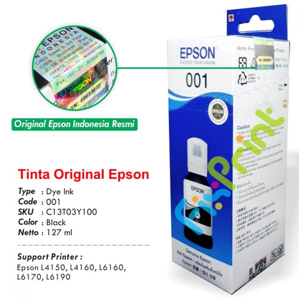 Tinta Refill Epson Original 001 Black 127ml C13T03Y100, Tinta Refill Printer Epson L4150 L4160 L6160 L6170 L6190 L6290 L4266 L14150