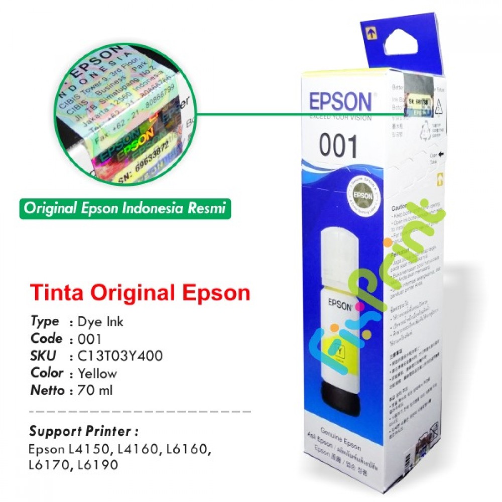 Tinta Refill Epson Original Ori 001 Yellow 70ml C13T03Y400, Tinta Refill Printer Epson L4150 L4160 L4260 L6160 L6260 L6170 L6270 L6190 L6290 L4266 L14150